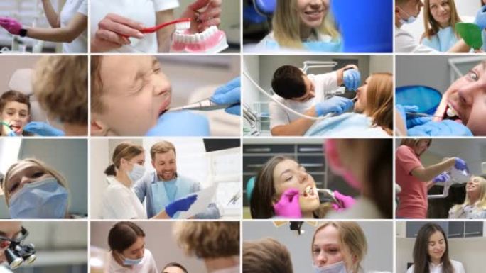 在牙科，医学领域工作的人的拼贴画。