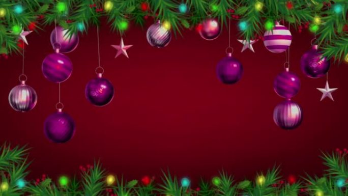 动画彩色球隔离在红色屏幕上，用于设计圣诞节或新年模板。