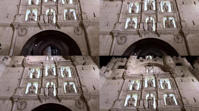 西班牙卡斯蒂利亚莱昂布尔戈斯夜晚的城市门Arco de Santa Maria。高质量4k镜头