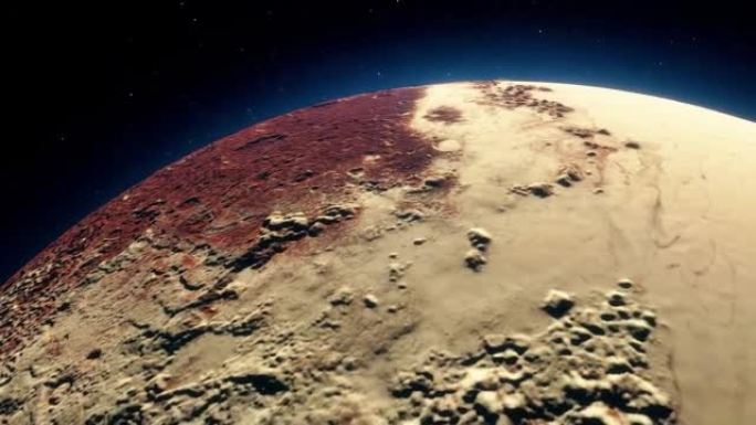3D动画冥王星表面带有一个名为sputnik planitia的山区，带有红色表面