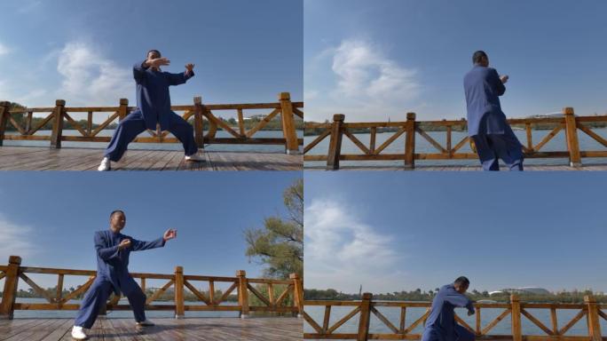 武术大师在湖边练习太极拳。