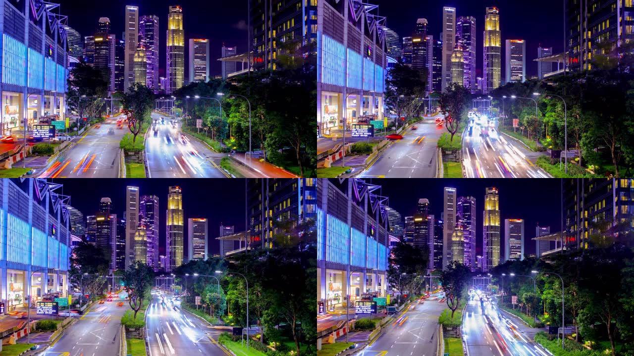 新加坡天际线繁华都市夜色车水马龙时间流逝