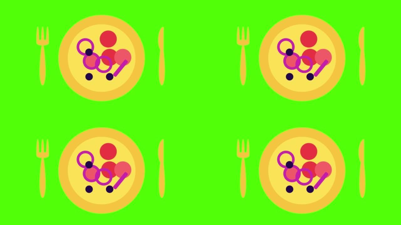 绿屏背景上的一盘食物的动画，用于色度键控