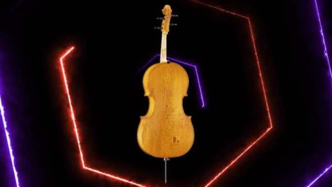 旋转大提琴-黑色背景小提琴和发光的彩色火线-股票视频