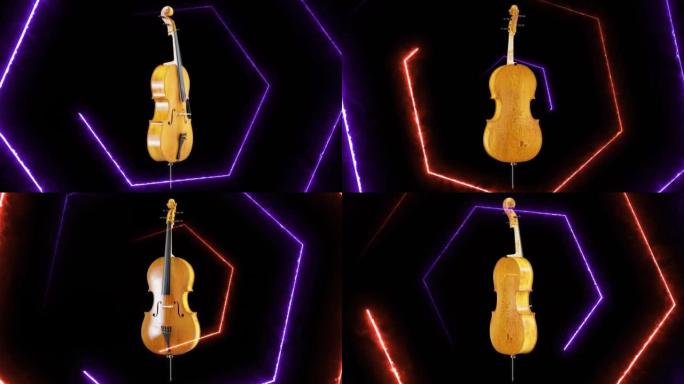 旋转大提琴-黑色背景小提琴和发光的彩色火线-股票视频