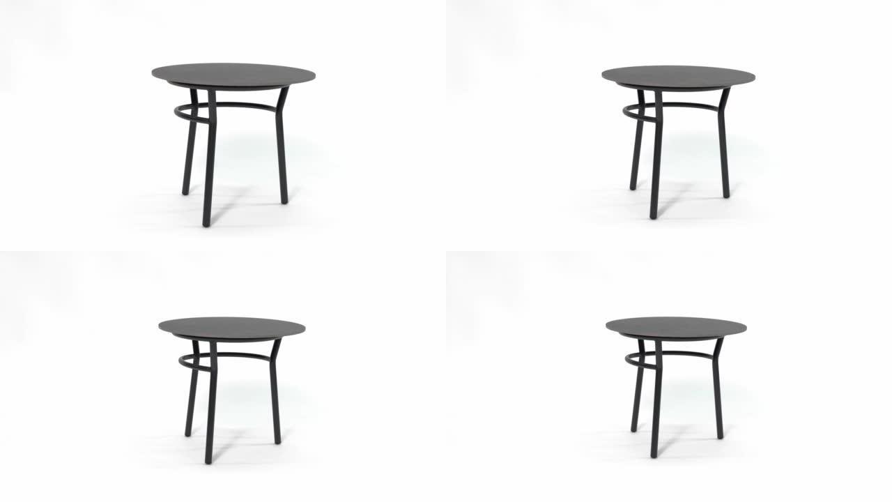 黑色金属框架小桌子，圆形桌面，深色石墨花岗岩。