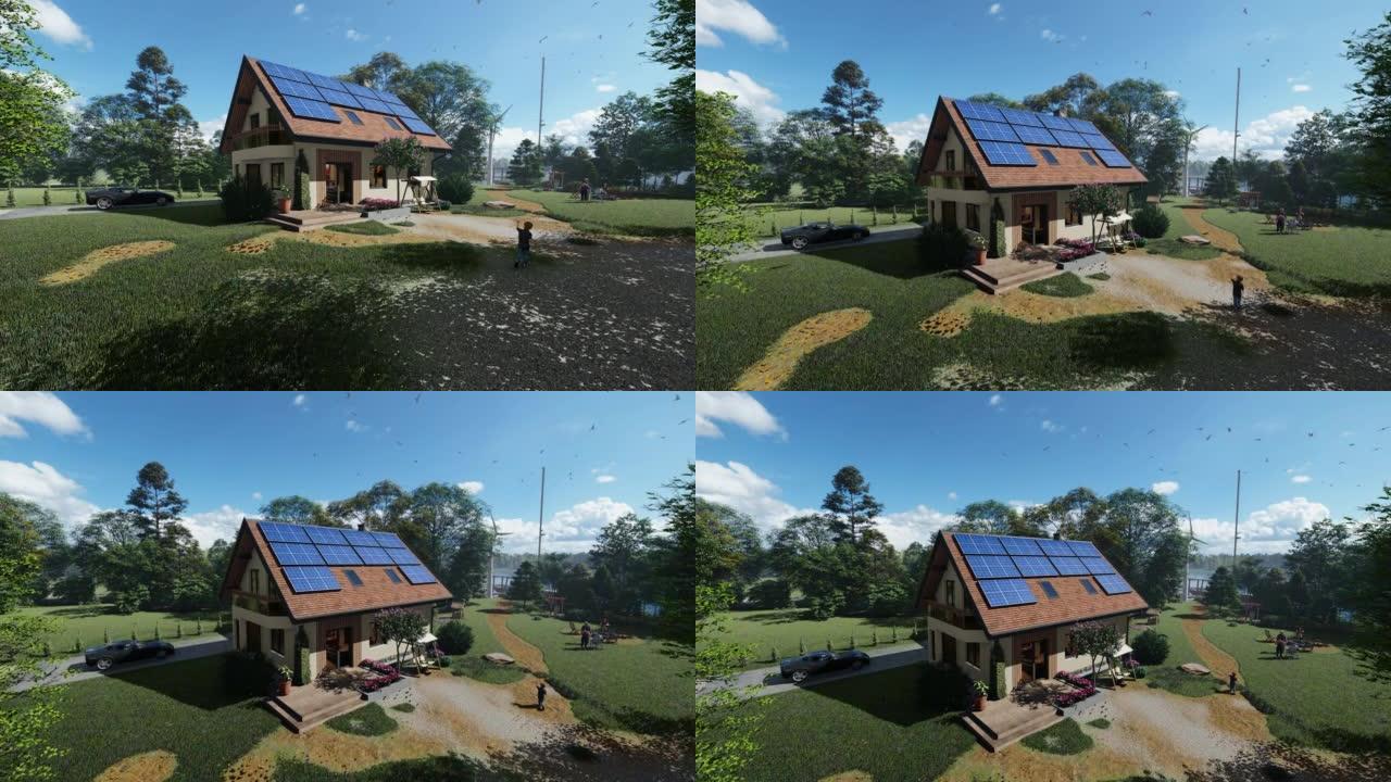 家庭周围有太阳能电池板和风力涡轮机，4K
