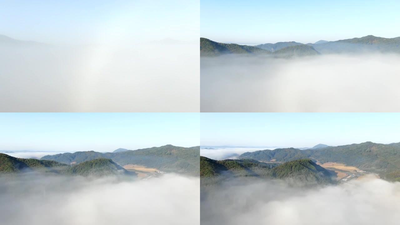中国东北大雾中的山脉鸟瞰图