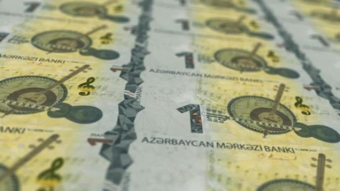 阿塞拜疆阿塞拜疆马纳特纸币印刷，阿塞拜疆美元，阿塞拜疆马纳特的特写和宏观视图，跟踪和多莉拍摄100阿