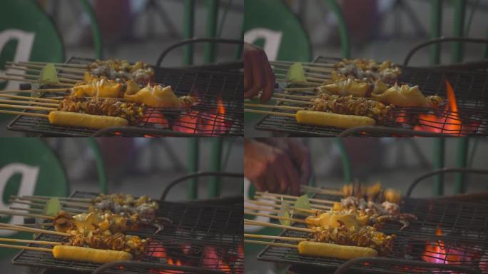 泰国街头小吃的烤鱿鱼和海鲜，泰国菜