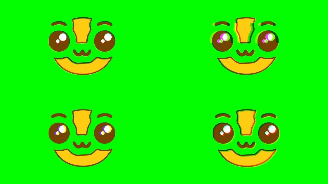 绿色背景上可爱的卡哇伊表情故障效果。表情符号运动图形。