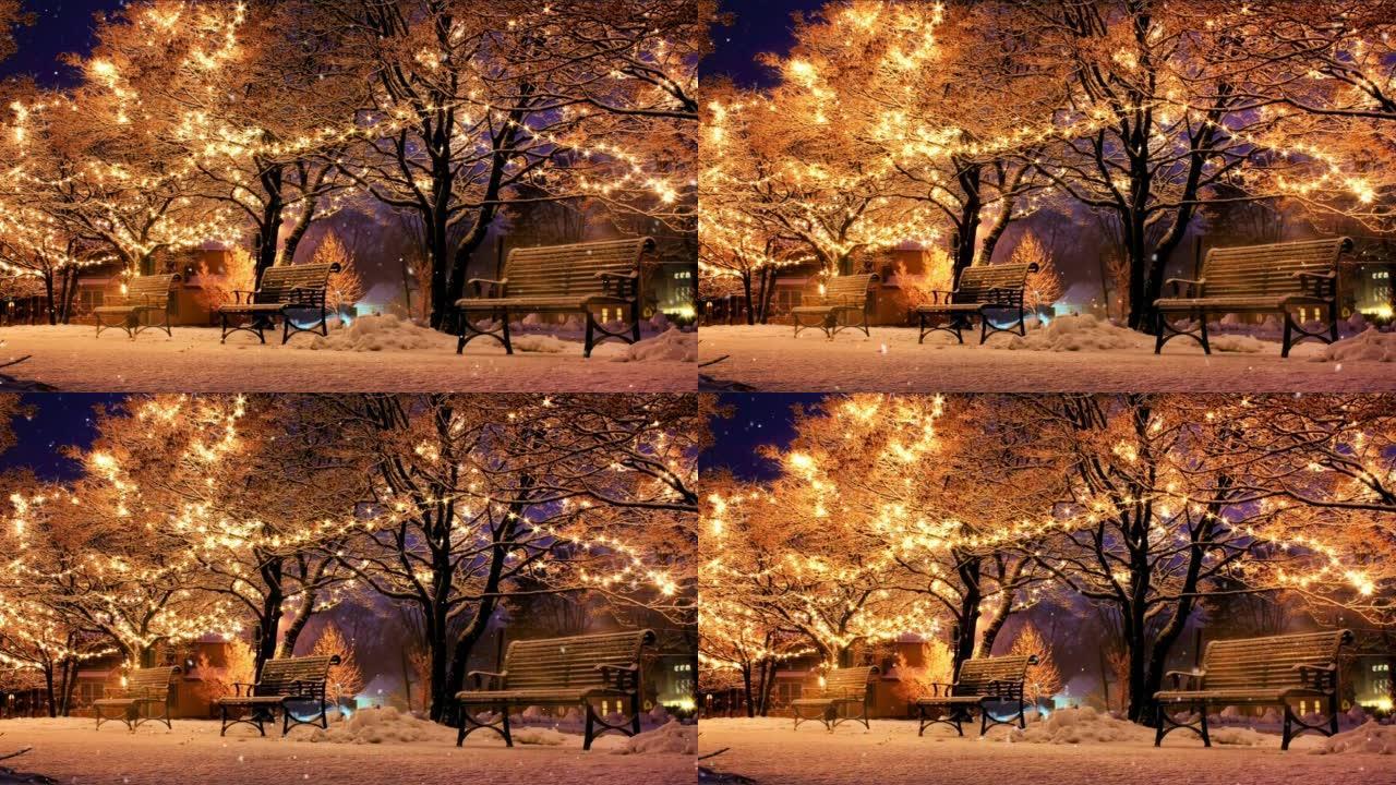 圣诞节期间公园积雪的静态视频-积雪覆盖的长凳和树木