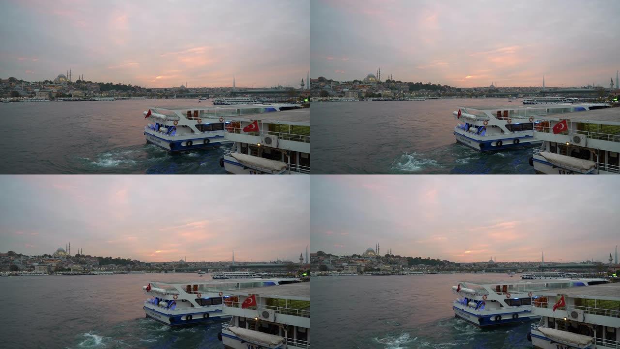 日落时间伊斯坦布尔城市交通湾地铁大桥慢动作全景4k土耳其
