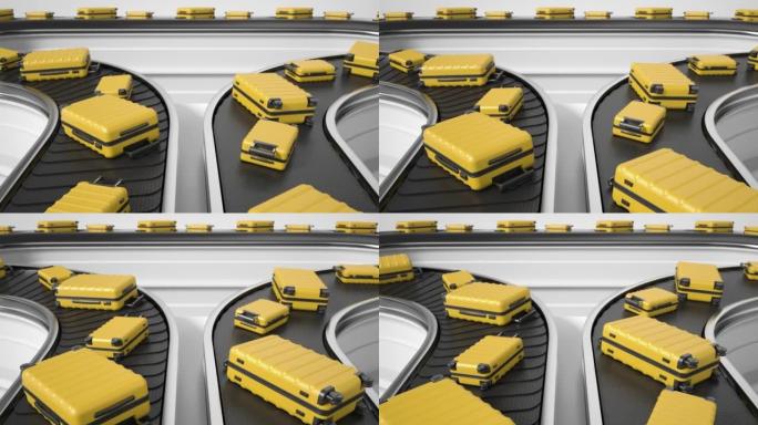 行李沿着机场传送带移动，循环。逼真的3d动画。手提箱是黄色的。旅行和航班的概念。