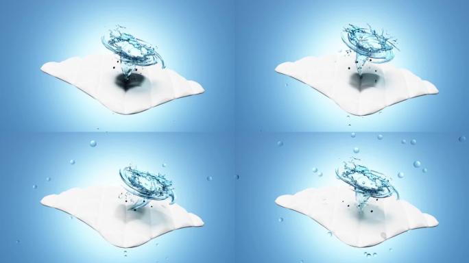 显示用漩涡洗涤，漩涡，水在织物纤维表面旋转，3d广告视频用洗衣粉清洁，液体洗涤剂，孤立在蓝色，3d动