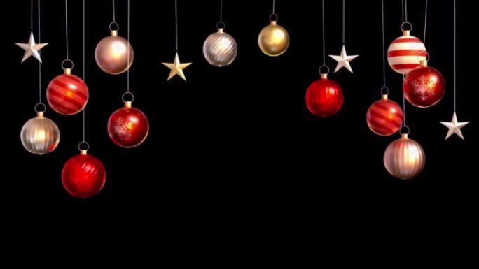 动画红色球隔离在黑色背景上，用于设计圣诞节或新年模板。