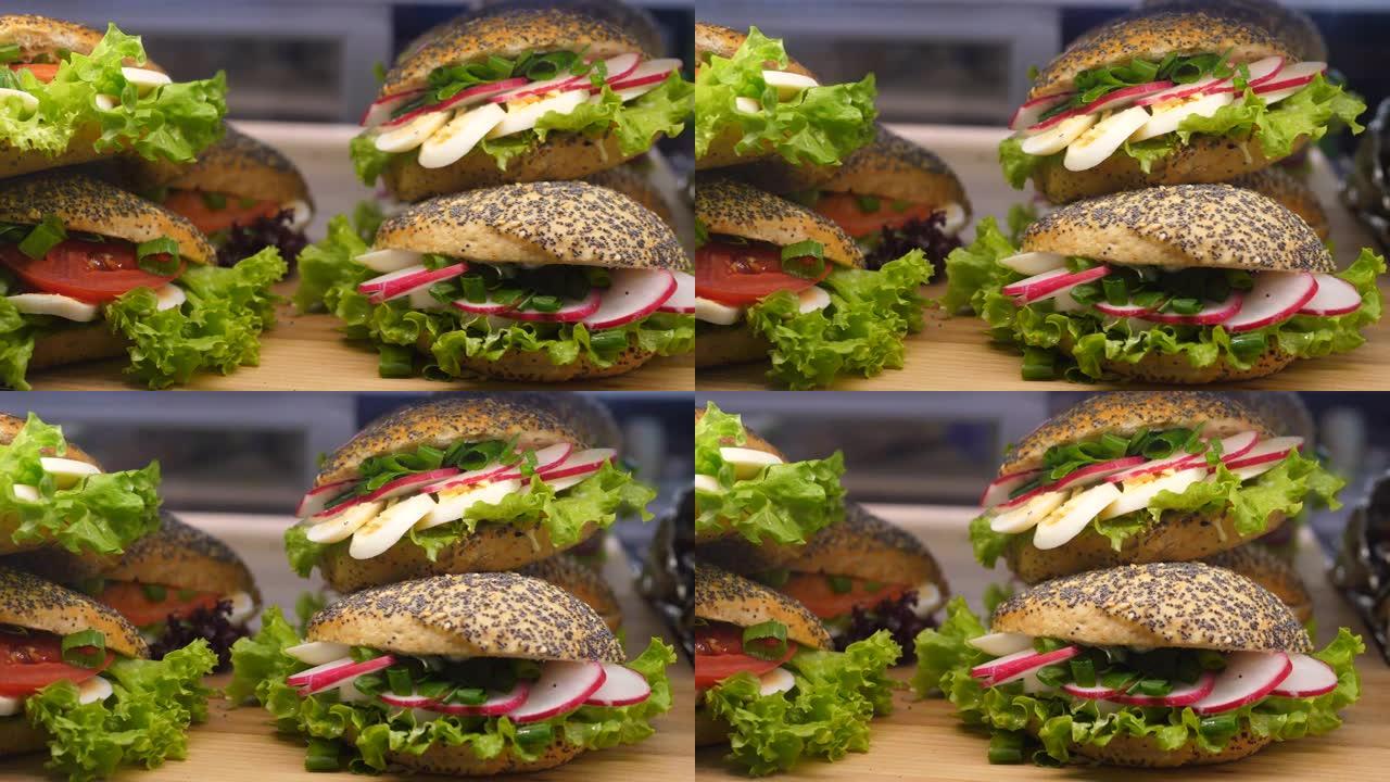 展示各种健康的有机素食三明治。没有肉的开胃汉堡是健康和美味的，不会损害健康和腰围。