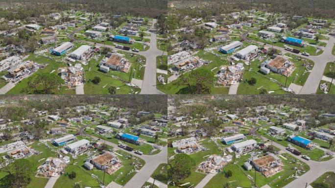 飓风伊恩在佛罗里达居民区后严重受损的移动房屋。自然灾害的后果