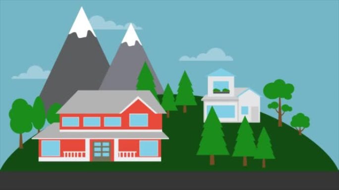 背景为植被和山脉的土地上的两层房屋的2D动画