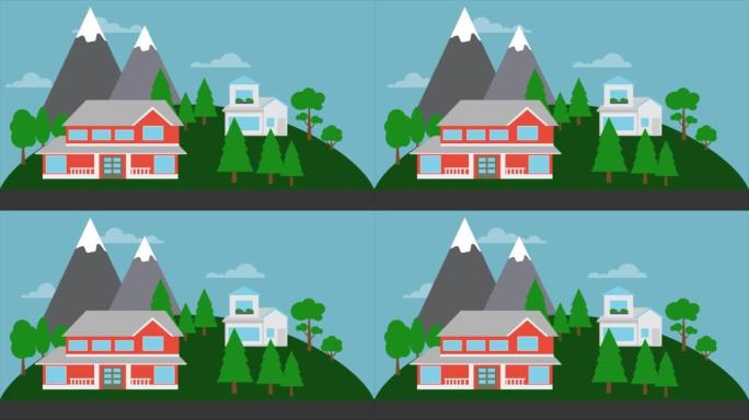 背景为植被和山脉的土地上的两层房屋的2D动画