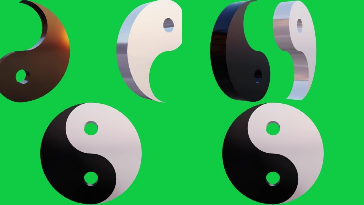 绿色色度背景上的动画3D阴阳符号。