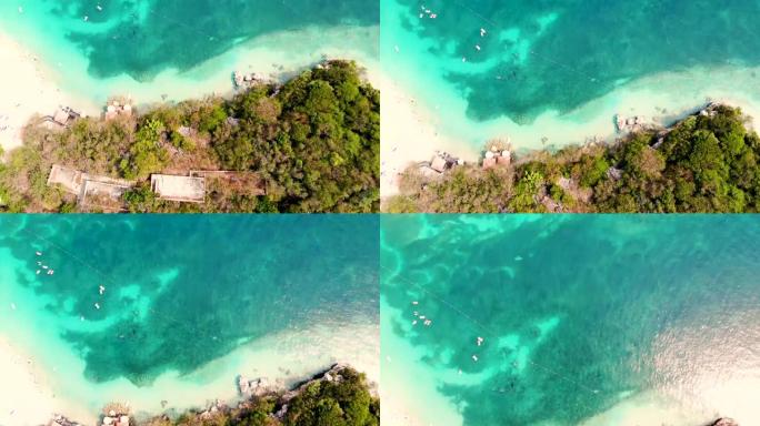 无人机在海地皇家加勒比私人岛屿labadee的岛屿海滩上拍摄