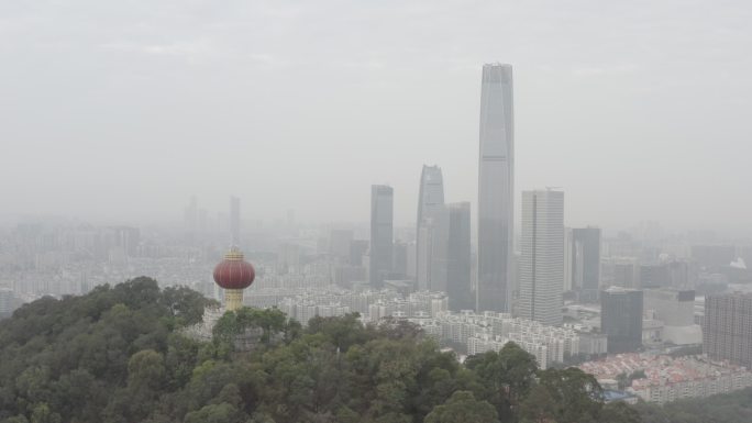 广东省东莞清晨航拍旗峰山国贸地标