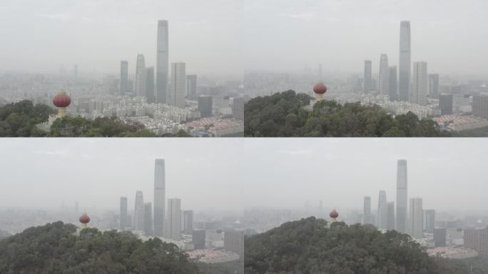 广东省东莞清晨航拍旗峰山国贸地标