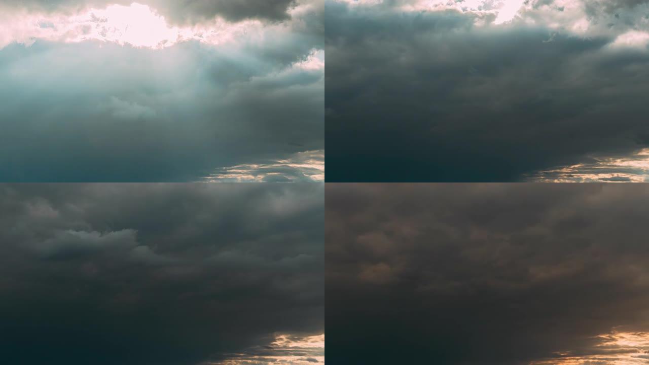 多云的蓝天下的雨云。自然背景4k延时。雨天气条件下的自然天空背景