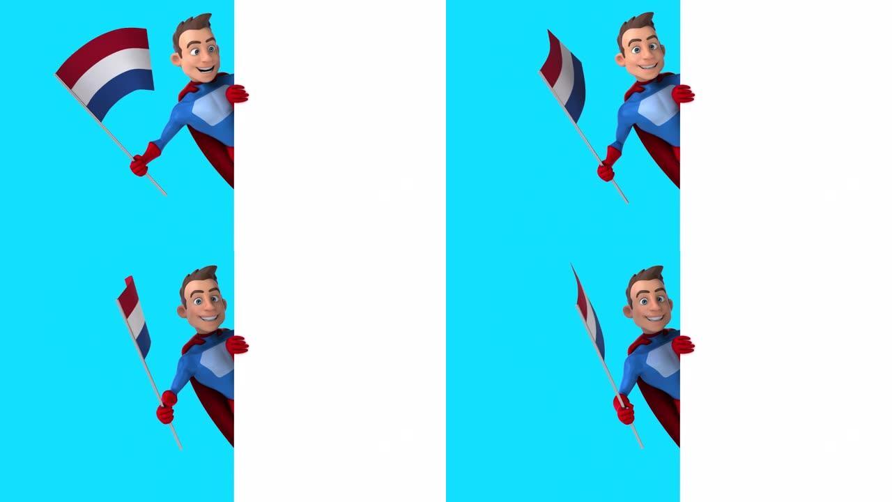 有趣的3D卡通超级英雄，带有来自荷兰的旗帜，包括alpha频道
