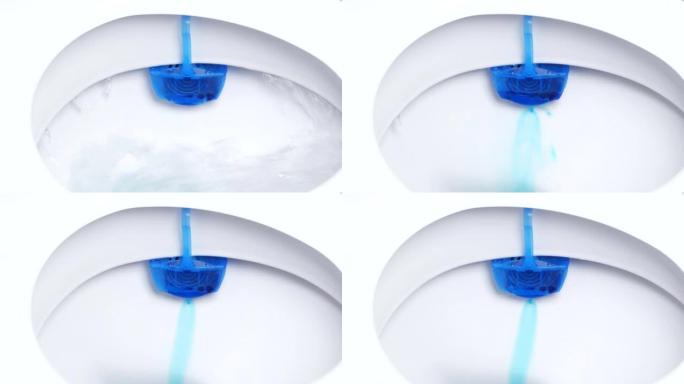 用蓝色化学清洗液肥皂关闭冲洗马桶。盥洗室清洁剂