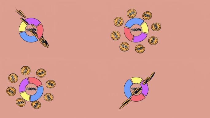 卡通风格的饼图，带有金融增长指标和旋转美元硬币。
