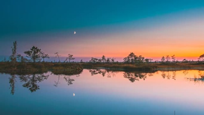 4k日落和月亮升起在景观之上，湖沼沼泽沼泽湿地自然在夜光下。延时流逝的星空银河系，带有发光的恒星。水