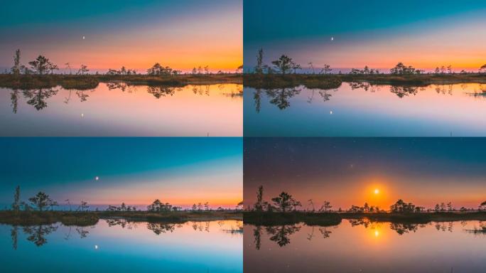 4k日落和月亮升起在景观之上，湖沼沼泽沼泽湿地自然在夜光下。延时流逝的星空银河系，带有发光的恒星。水