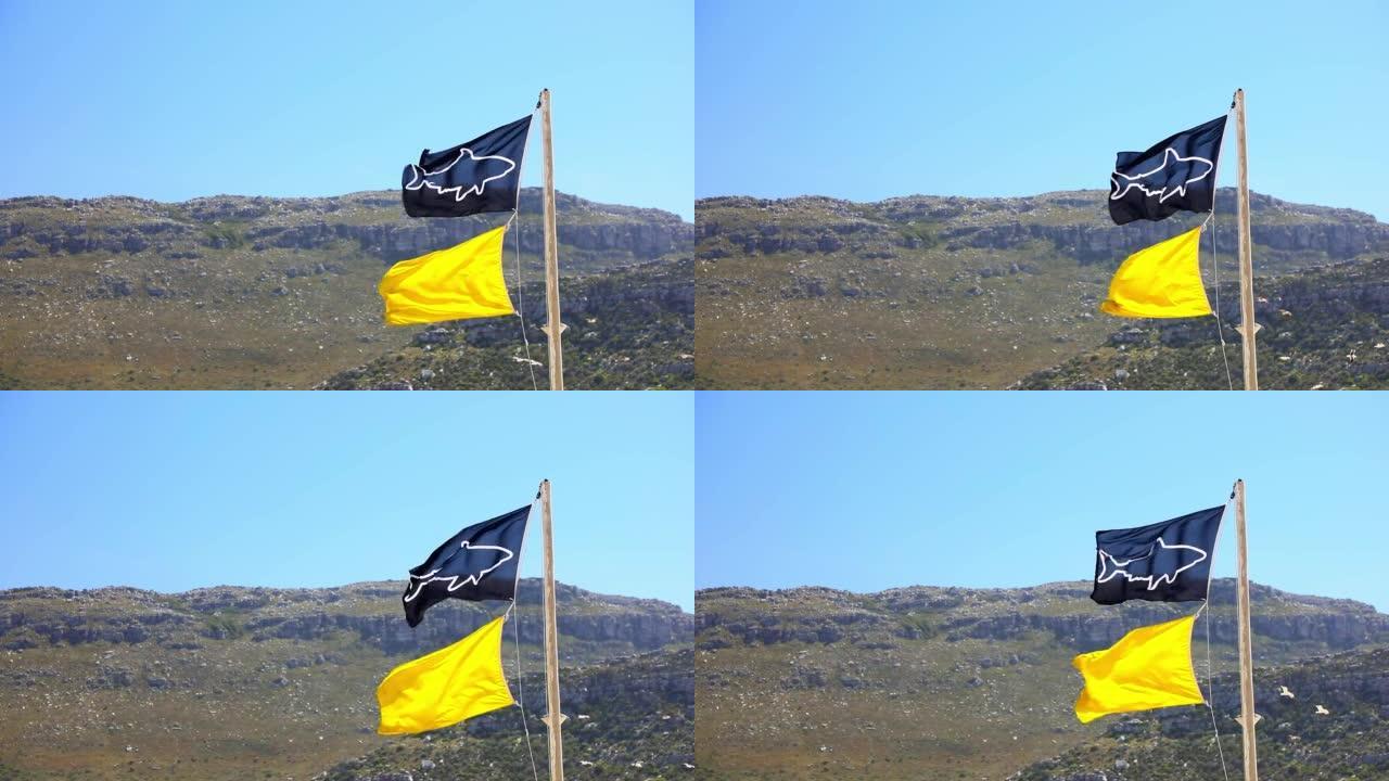 蓝鲨旗和风中的黄旗，表示危险海洋生物的中等危险