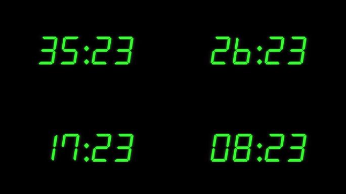 45秒数字闹钟倒计时定时器。黑色显示屏上的绿色数字。