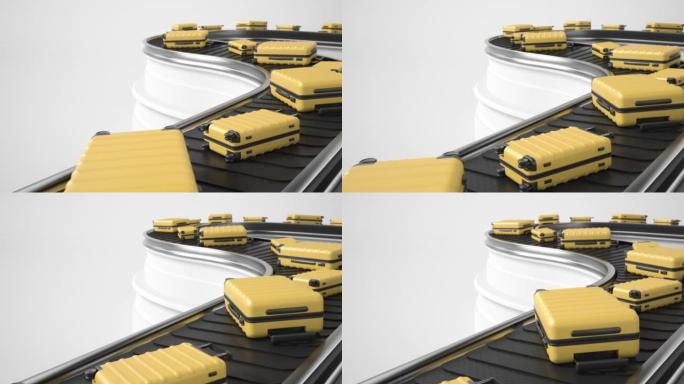 行李正沿着机场的传送带移动。白色背景上带有循环3d动画的黄色手提箱。旅行和行李损失的概念