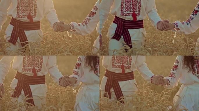 特写镜头，一个穿着乌克兰国家衬衫的男人牵着一个穿着刺绣的漂亮连衣裙的女人。乌克兰人正在穿过麦田。4k