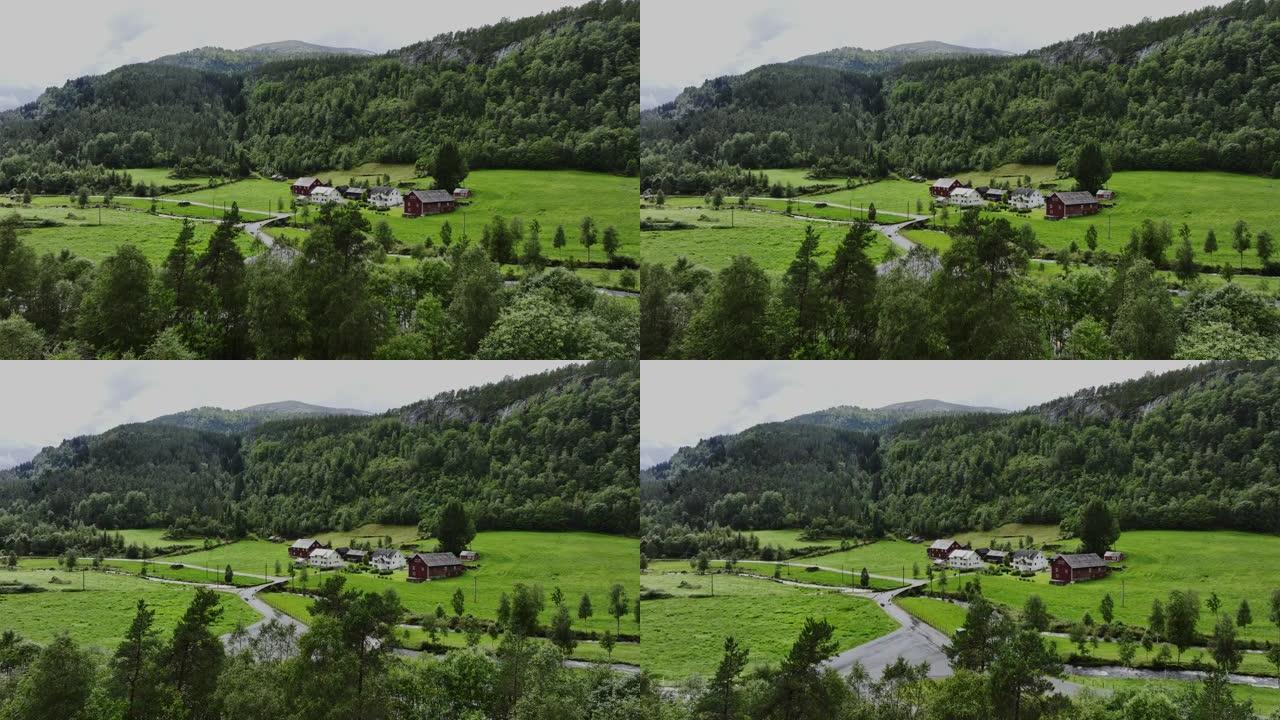 山中挪威村庄的风景鸟瞰图