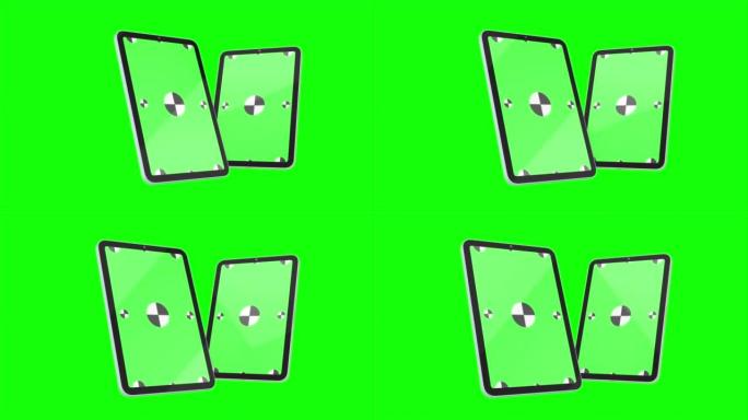 绿色背景的两个平板电脑的3D渲染。在屏幕中旋转。带有绿色屏幕，便于键控。计算机生成的图像。易于定制。