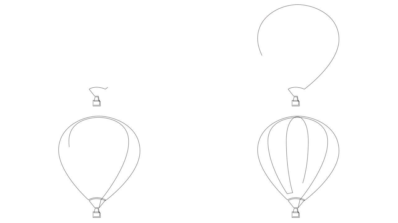 一条线画热气球的自画动画。连续画线。全长动画。