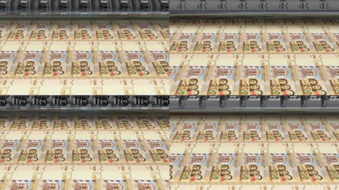玻利维亚，玻利维亚诺印刷机打印出当前200玻利维亚钞票，无缝循环，玻利维亚货币货币背景，4K，焦点深