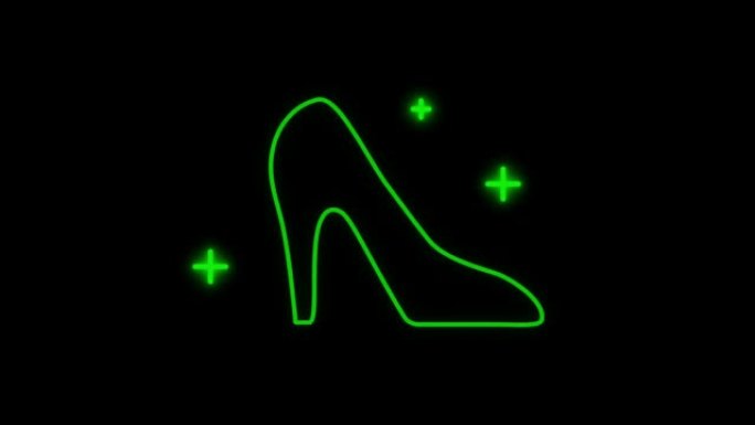 黑色背景上的动画绿色霓虹灯女鞋形状。