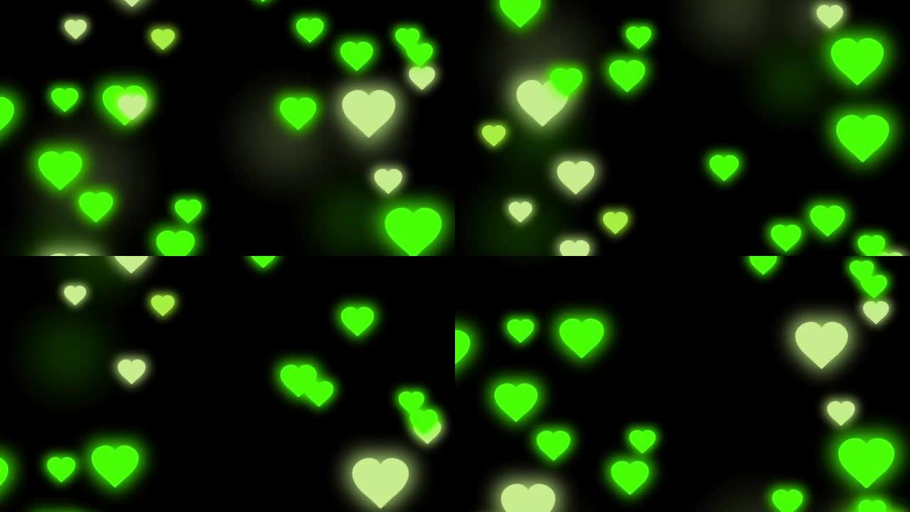 动画绿色心脏形状孤立漂浮在黑色背景的情人节。