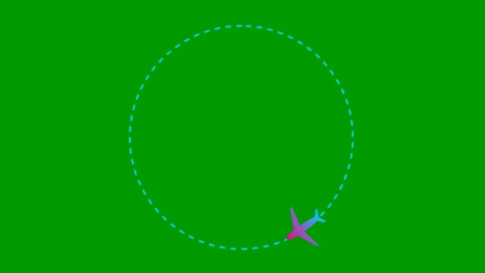 动画粉色和蓝色框架。飞机沿着一圈轨迹飞行。飞机旅行的概念。环游世界。循环视频。线性符号。孤立在绿色背