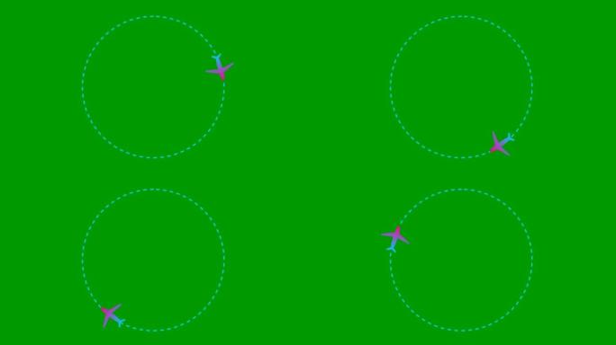 动画粉色和蓝色框架。飞机沿着一圈轨迹飞行。飞机旅行的概念。环游世界。循环视频。线性符号。孤立在绿色背