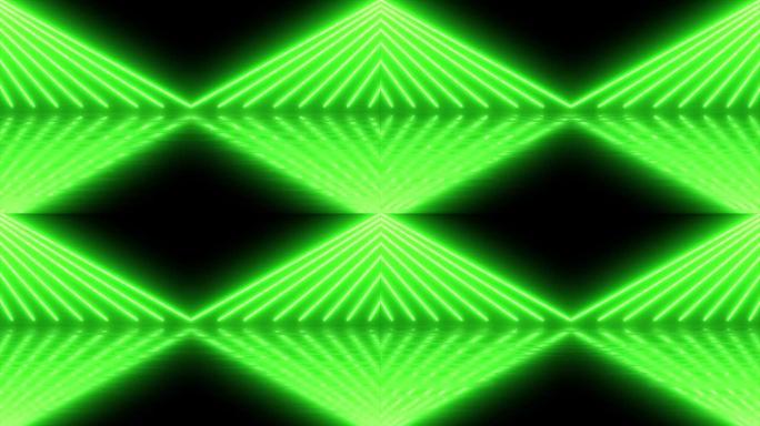 现代七彩灯光，霓虹灯发光4k动画场景。抽象混沌绿色霓虹灯线荧光紫外光。三角形形状来自侧面，消失了
