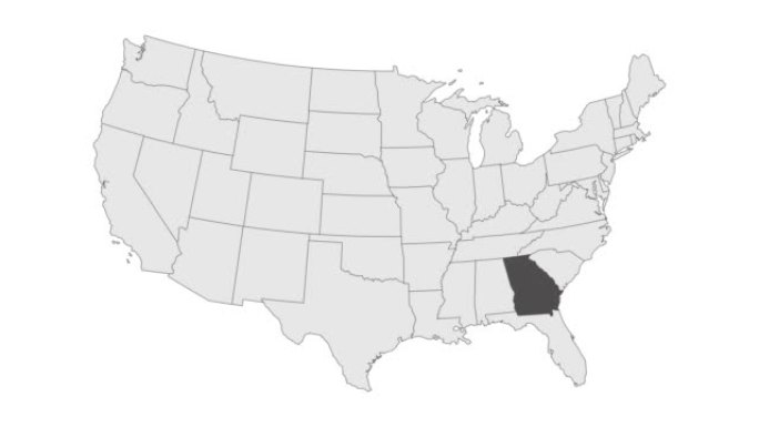 在美国地图上佐治亚州的位置。3d佐治亚州旗地图标记位置别针。美利坚合众国的地图显示了不同的州。动画地