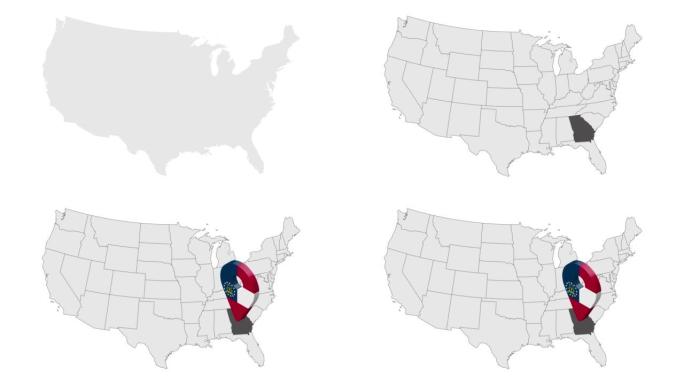 在美国地图上佐治亚州的位置。3d佐治亚州旗地图标记位置别针。美利坚合众国的地图显示了不同的州。动画地