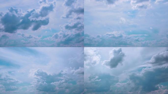 多云的天空，有蓬松的云。轻柔的云天蓝在蓝天中移动。云形成。积云漂浮在蓝天上。彩色多云蓝天蓬松云4k延